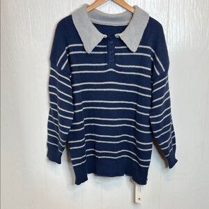 Striped Navy and Gray Collared Sweater